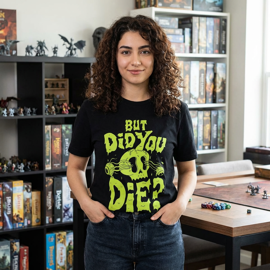 Person wearing a black t-shirt with green text in a room with bookshelves and a table.