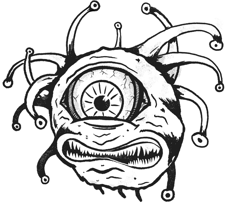 Black and white illustration of a creature with an eye and tentacles on a white background