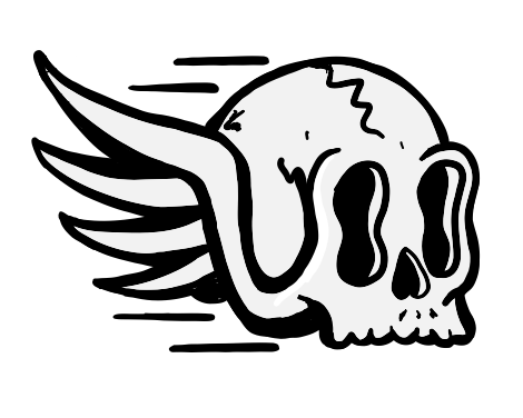 Black and white illustration of a skull with wings on a white background