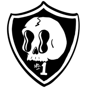 Black shield with a white skull design and number '1' on a white background