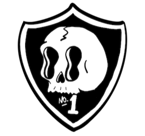 Skull design on a shield with 'No. 1' text, black and white.